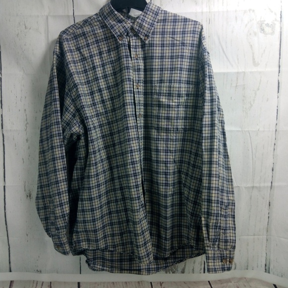 Eddie Bauer Blue Tan Plaid Button Down Shirt L - Picture 1 of 6